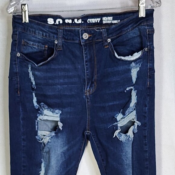 S.O.N.G Curvy Dark Wash Blue High Rise Skinny Ankle Distressed Jeans Jr Sz 13/31 - Picture 2 of 16